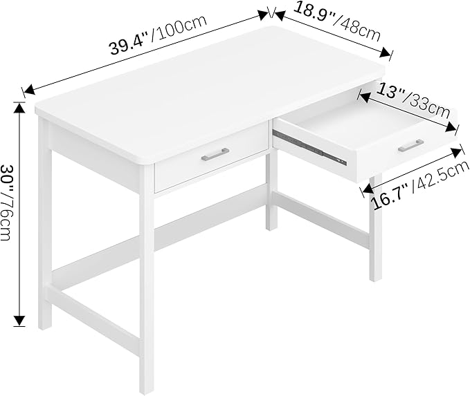 4NM 39.4" Computer Desk with Drawer, Morden White Home Office Desk, Study Writing Table with Storage for Small Spaces,Vanity Desk Makeup Table for Bedroom - White