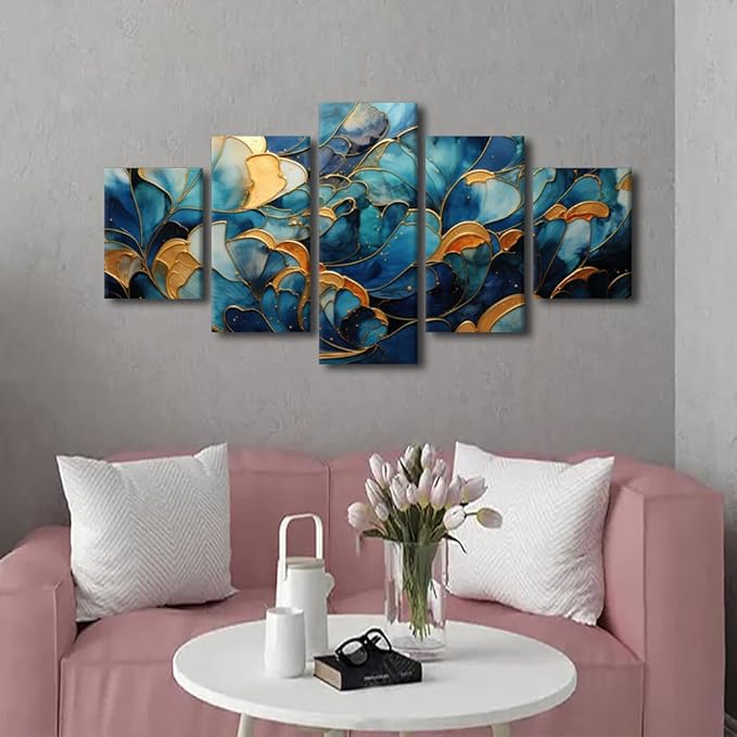 Wall Art Decor for Men Modern Abstract Canvas Wall Art Flower Marble Artwork Printing 5 Panel Lady Room Decor Art for Living Room Office Decoration Stretched and Framed Ready to Hang 60x32 in