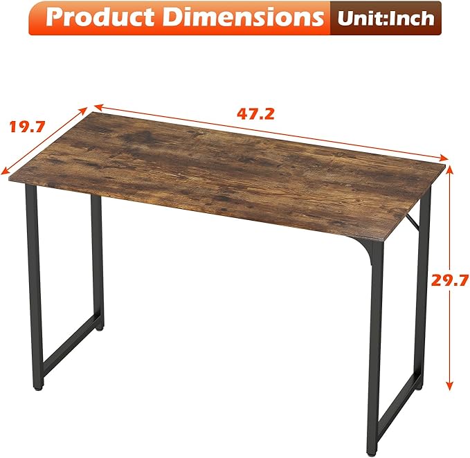PayLessHere | 47 Inch Computer Desk | Vintage | Office Desk with Metal Frame, Adjustable Feet | Water-Resistant, Scratchproof Surface | Sturdy Writing Table for Home Office or Study | Pack of 1
