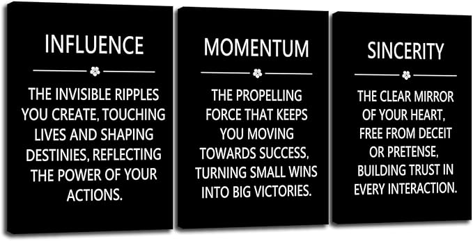 Inspirational Wall Art Canvas Print 3 Pieces Influence Momentum Sincerity Picture Office Home Living Room Wall Decor Inspiring Framed Prints Motivational Quotes for Wall Decoration [60" W X 28" H]