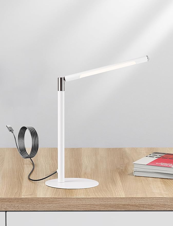 LED Desk Lamp, Home Office Eye Lamp, 3 Modes, Infinitely Adjustable Brightness, Metal, Multi-Angle Adjustment, Detachable Desk Lamp with USB (White)