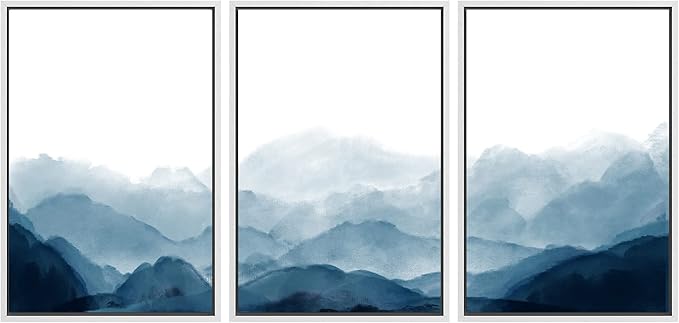 SIGNWIN Framed Canvas Print Wall Art Blue Watercolor Mountains in Fog Nature Wilderness Modern Art Rustic Cool for Living Room, Bedroom, Office - 16"x24"x3 White