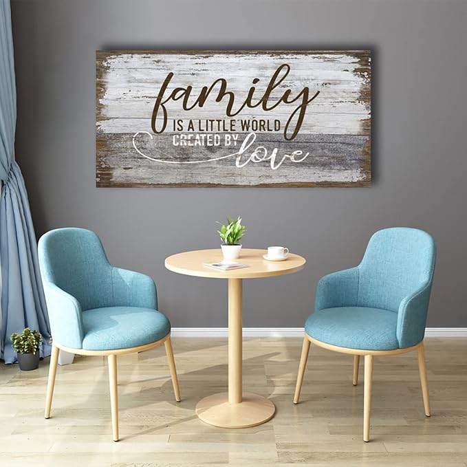 Family Is a Little World Created by Love Canvas Wall Art Rustic Letters Prints Retro Farmhouse Wooden Board Canvas Pictures Wall Decor Vintage Canvas Artwork for Living Room Decoration 20" x 40"
