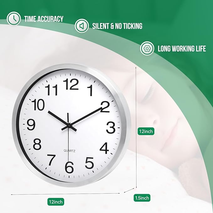 Wall Clock 12 Inch Silver Brushed Finish Silent Non Ticking Indoor Clock Round Battery Operated Stainless Steel Wall Clocks for Home, Office, Hotel, Bedroom, Living Room, Kitchen