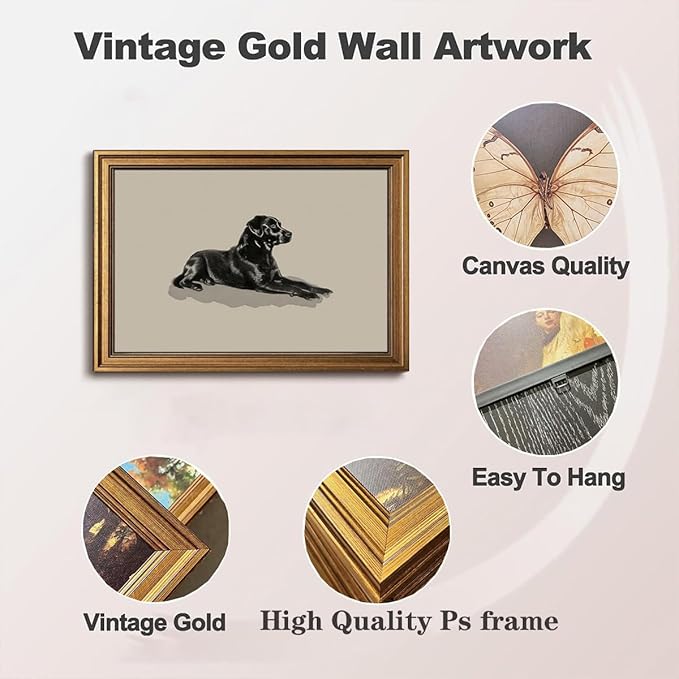 Gold Framed Wall Art Vintage Canvas Wall Art Black Dog Animals Artwork Prints Picture for Living Room Bedroom Farmhouse Bathroom Office Decor, 16x24