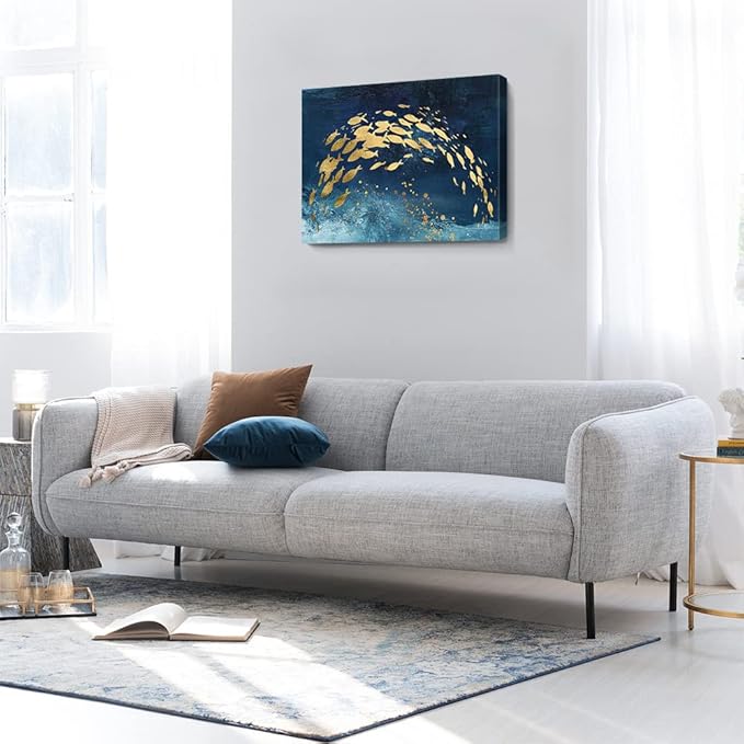 Wall Art Canvas Abstract Ocean Art Paintings Golden Fish Dancing in Blue Sea Modern Artwork Decor for Living Room Bedroom Kitchen 30x20in