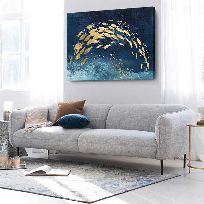 Wall Art Canvas Abstract Ocean Art Paintings Golden Fish Dancing in Blue Sea Modern Artwork Decor for Living Room Bedroom Kitchen 48x32in