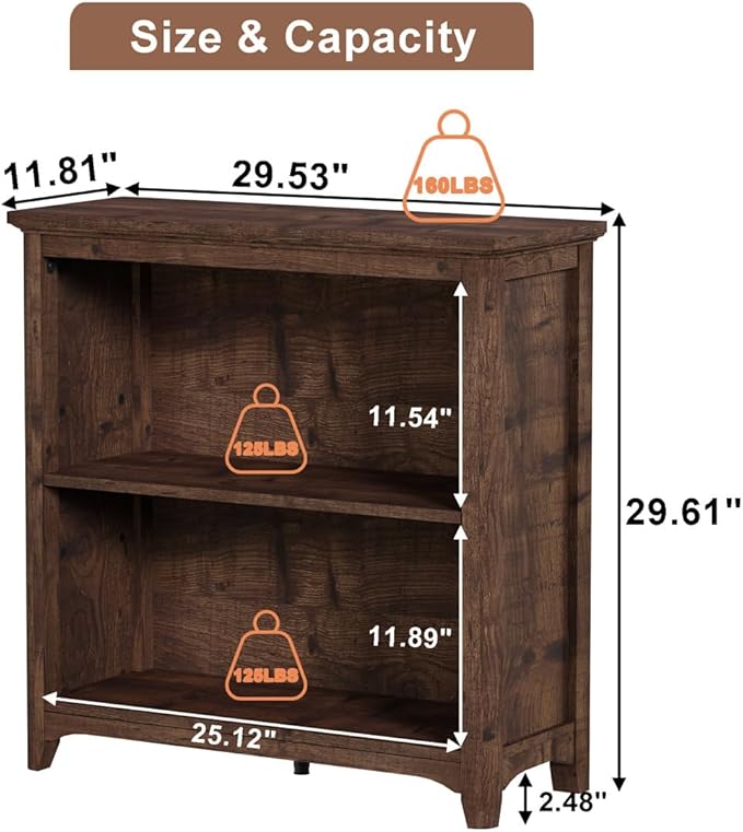 BON AUGURE Bookcase, Open Storage Book Cases/Shelves, Floor Standing 2 Shelf Bookshelf for Farmhouse Living Room, Library Office, Bedroom, Kids (Rustic Oak, 30 in)