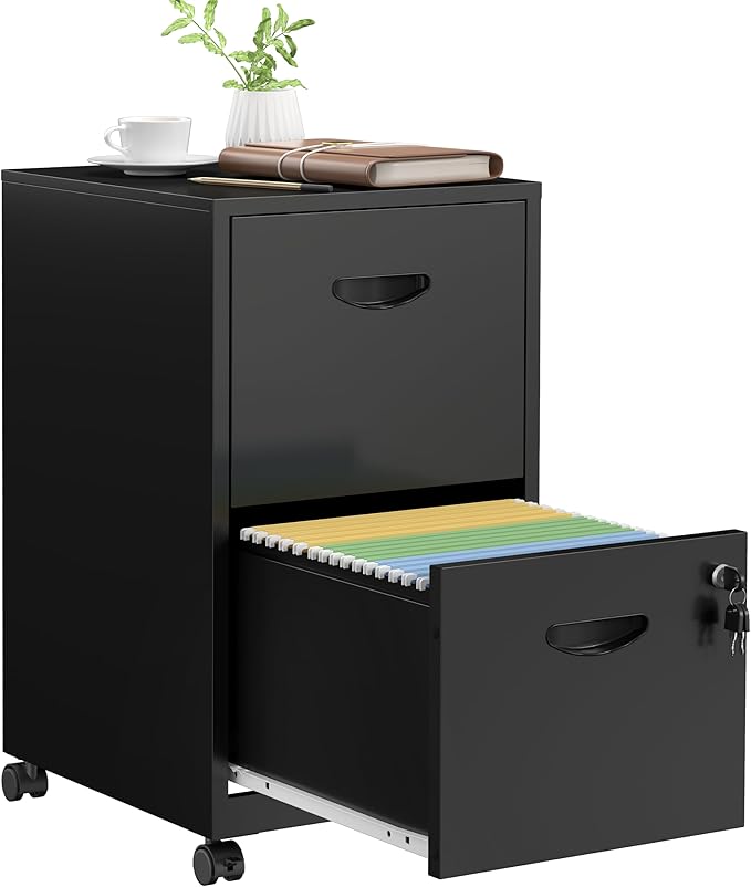 2 Drawer File Cabinet with Lock，Black Rolling File Cabinet for Home Office, Metal Small Mobile Filing Cabinets on Wheels for Hanging Letter