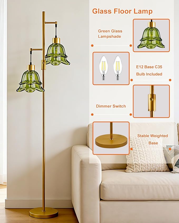 Lightdot 65IN Gold Flower Floor Lamp for Living Room, 2- Light Dimmable Floor Lamps with Green Glass Lampshade, 3000K Warm White Modern Standing Tall Lamp for Bedroom Sofa Beside Corner Decor