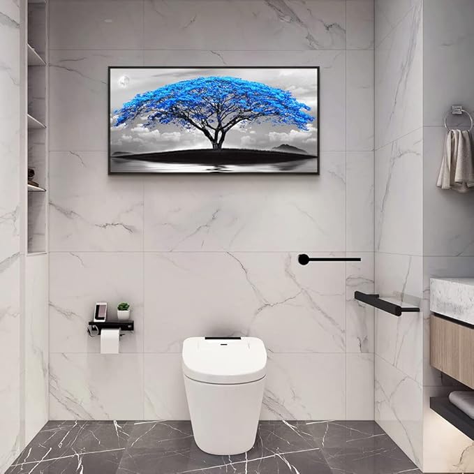 Framed Canvas Wall Art For Office Large Size Living Room Wall Decor Bedroom Decor Pictures Artwork Black And White Landscape Blue Tree Moon Wall Painting Home Decorations Black Frame 24" X 48"