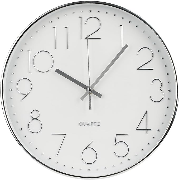 Wall Clock Non-Ticking Silent Modern Simple Style Round Decor Clock Stereoscopic Dial Quartz Wall Clocks for Home/Office/School/Living Room/Bedroom/Kitchen (Silver, 8inch)