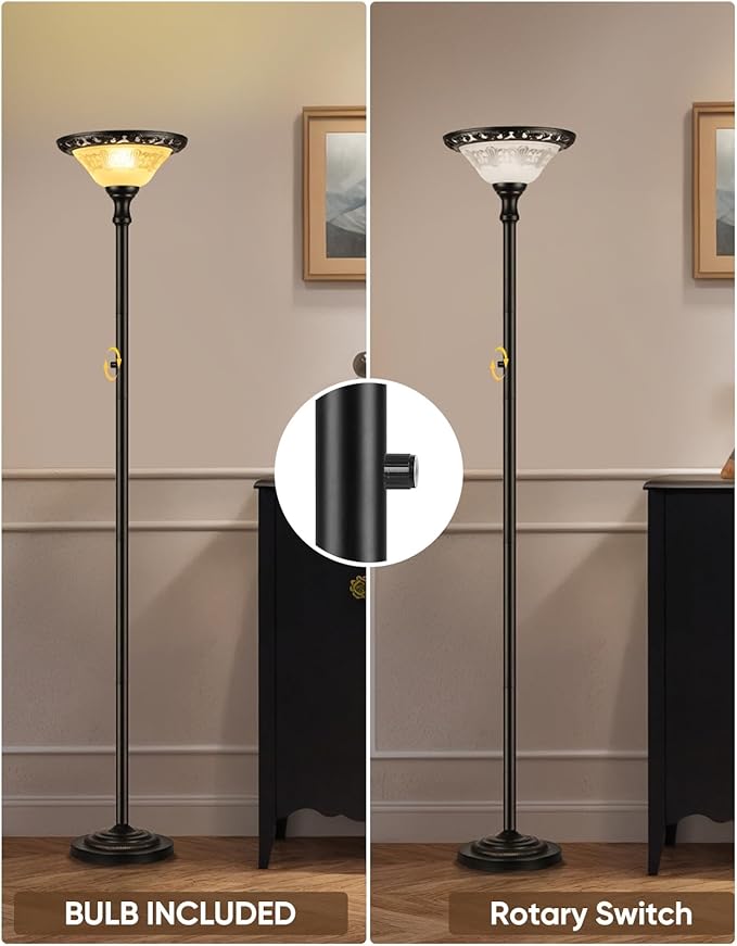 PARTPHONER Torchiere Floor Lamps for Living Room, 71" Tall Standing Lamp with Thick Glass Shade, Metal Pole & Heavy Base, Vintage Corner Lamp Decor for Home Bedroom Office, 3CCT Bulb Included