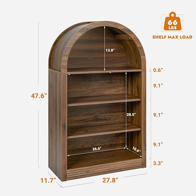 Bookcase, 4-Tier Tall Bookshelf, 47.6" Wood Open Display Floor Arched Book Shelf, Large Storage Organizer for Bedroom and Living Room Brown
