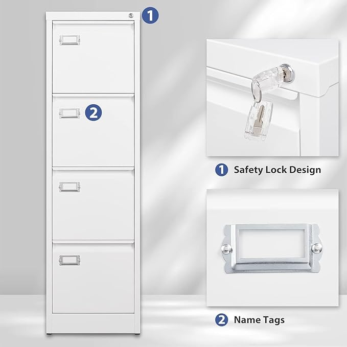 4 Drawer File Cabinet,Metal Filing Cabinets with Lock,18" Deep Vertical Filing Cabinets for Home Office,Steel Storage Cabinet fits Letter/Legal/A4 Size