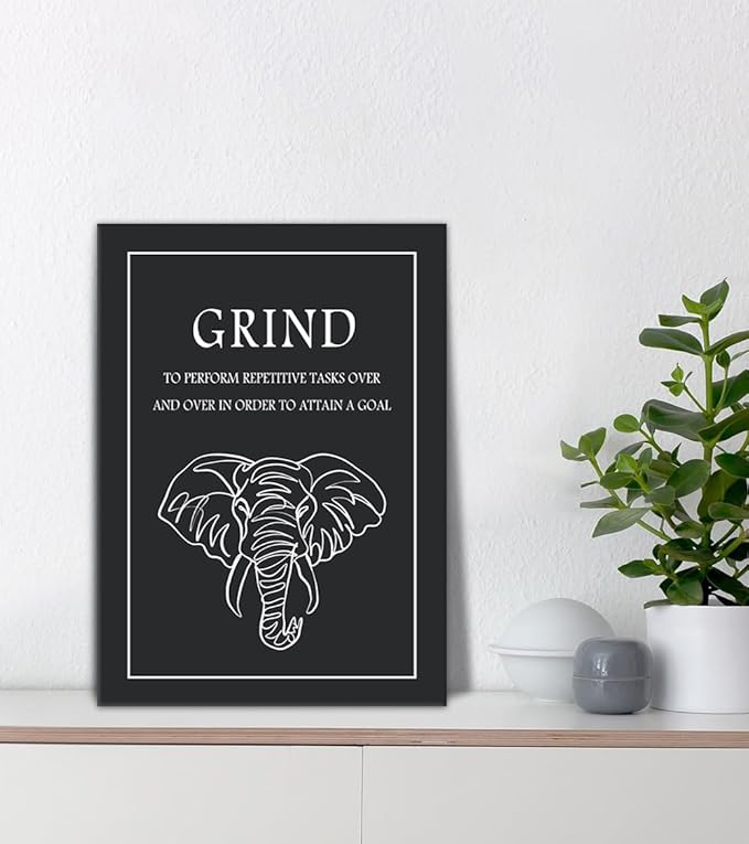 Grind Motivational Wall Art - Black and White Elephant Line Drawing with Inspiring Quote Canvas Print Entrepreneurial Success Poster Inspirational Wall Decor for Office Home Workplace, Framed 12"x16"