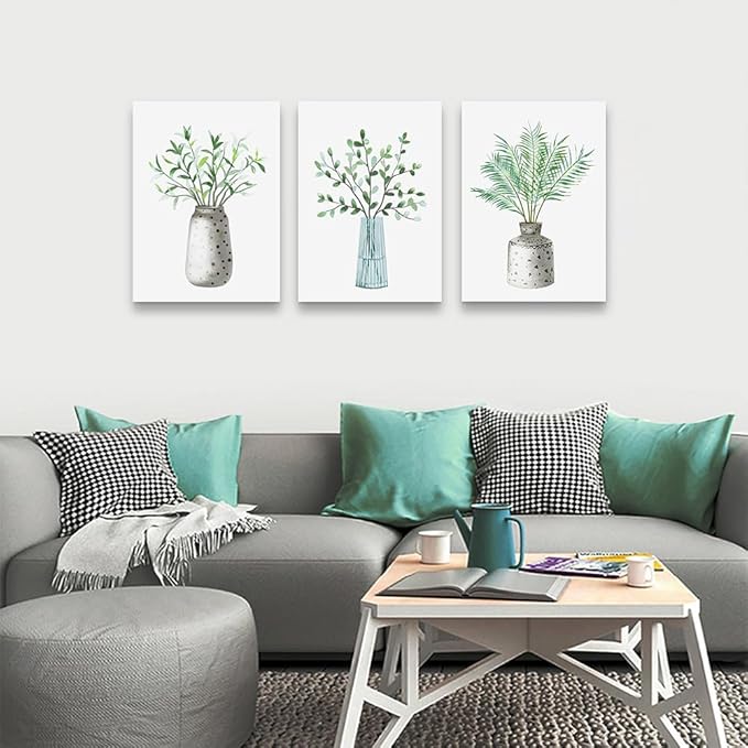 DZRWUBHS Large Canvas Wall Art Paintings For Dining Room Kitchen Bedroom Decor Family Wall Decoration For Living Room Wall Decor For Office Green Leaf Vase Wall Pictures Artwork Home Walls