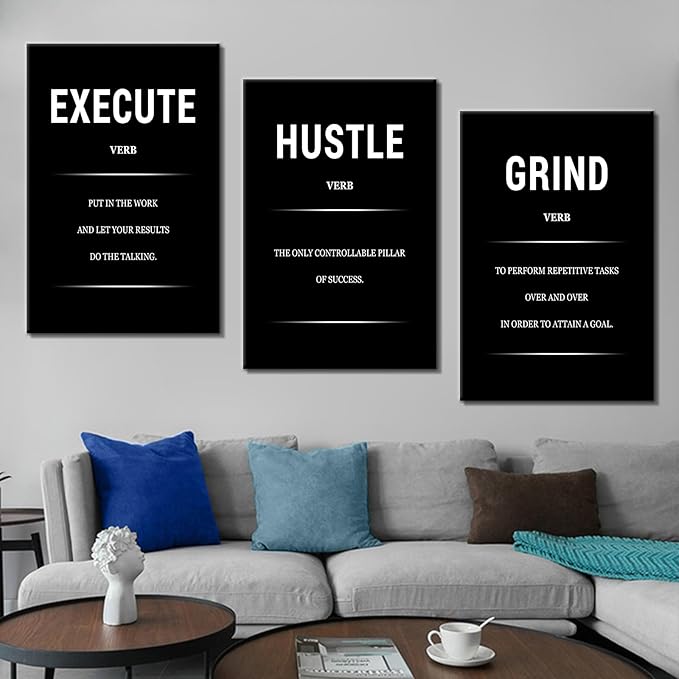 3 Piece Hustle Grind Execute Motivational Canvas Wall Art Inspirational Poster Office Wall Decor Picture Print Positive Quotes for Living Room School Artwork Stretched and Framed [72''Wx 36''H]