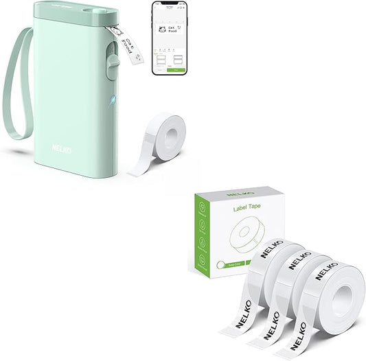 Nelko Green Label Maker Machine with Tape, P21 Bluetooth Label Printer, Adapted Label Print Paper, 14x40mm (0.55"x1.57"), Office Labeling Tape Replacement, 180 Tapes/Roll, 3 Rolls, Transparent