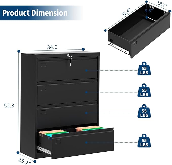 4-Drawer Lateral File Cabinet with Lock, 52"H Metal Filing Cabinet for Home Office & Business Use – for Letter, Legal, A4, F4 Files, 320 LB Weight Capacity,Easy to Assemble (Black, 4 Drawer)