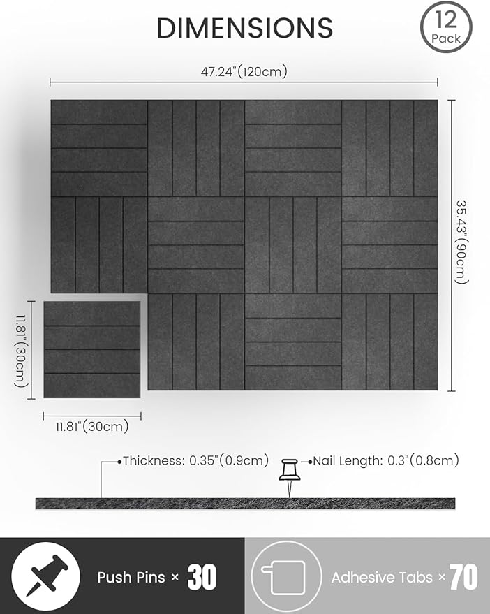 Bumusty Large Cork Board Alternative-48 x 36" Felt Bulletin Board Tiles, with 30 Pushpins, 70 Adhesive Tabs, 12-Pack Slat Wall Paneling, Cork Boards for Office Push Pin Board Felt Board-Charcoal Gray