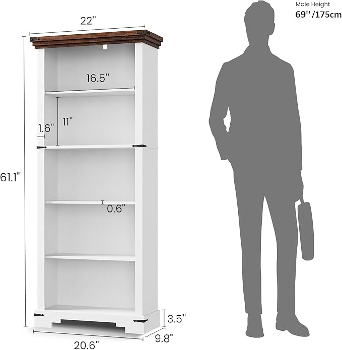 5-Tier Farmhouse Bookshelf, 61.1 inch Tall Bookcase with Storage & Unique Design & One Adjustable Shelf, Wooden Bookshelf for Study Room, Living Room, Home Office, Bedroom (White)