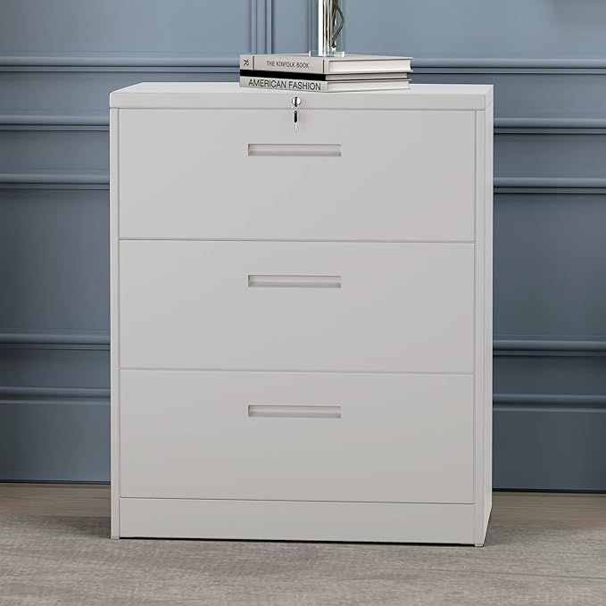 Lateral File Cabinet, 3 Drawers Metal Lockable Filing Cabinet for Commercial Grade Office Legal and Letter File (White)