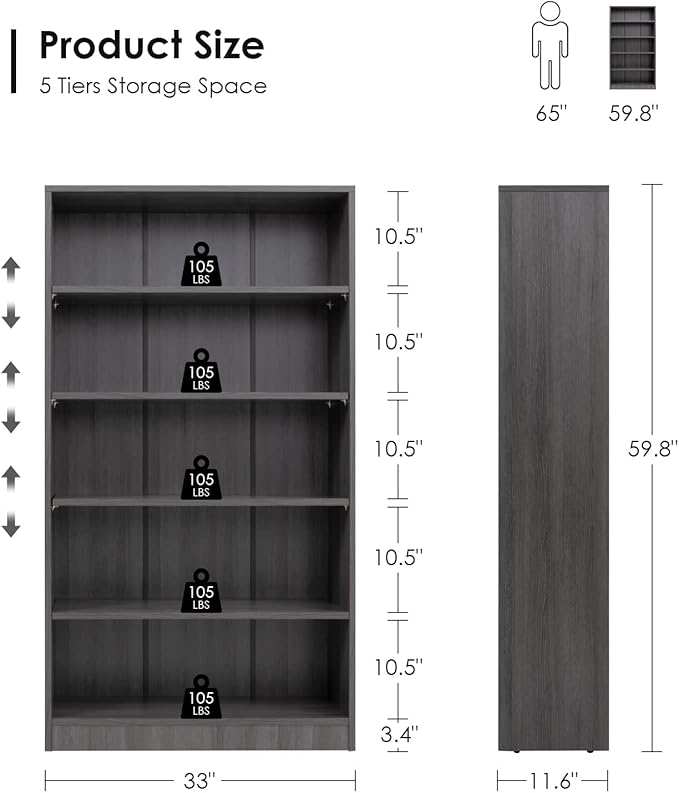 Farini Grey Bookshelf for Bedroom 5 Shelf Office Bookcase 60 Inches Tall Modern Wood Bookshelf for Living Room 5 Tier Wide Manga Bookshelves Library Bookcase