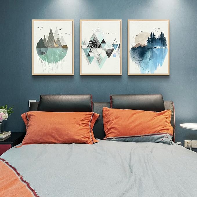 Natural Wood Framed Abstract Geometry Wall Art - Large Size, 3 Piece Framed Art Prints for Living Room, Bedroom, Office Decor