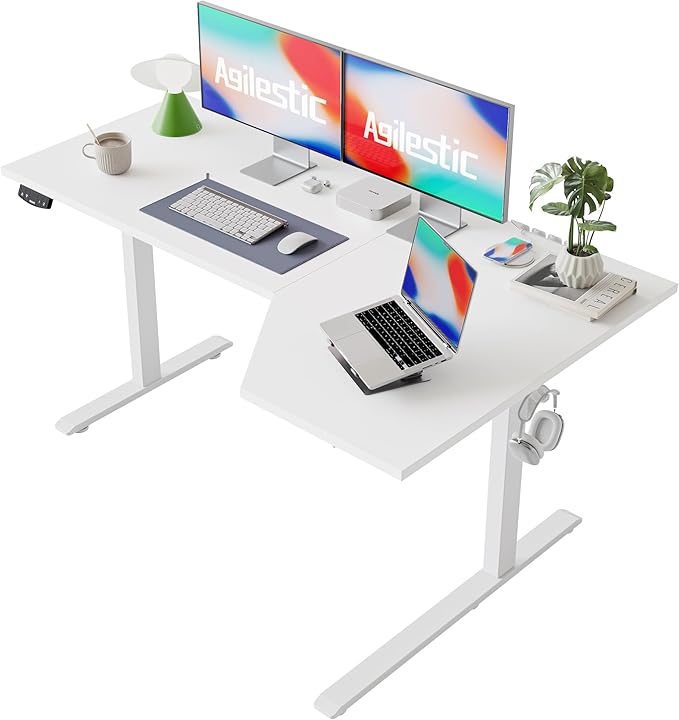 Agilestic Electric Standing Desk, Height Adjustable Desk, 59 x 35 Inch Sit Stand up for Work Office Home, L Shaped Ergonomic Rising Computer Table with Memory Preset, White