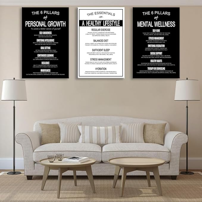 The 6 Pillars of Personal Growth, Mental Wellness & Healthy Lifestyle Wall Art - 3 Piece Motivational Posters-Minimalist Black & White Decor for Office- Self Care & Mental Health Prints [72''Wx 36''H]