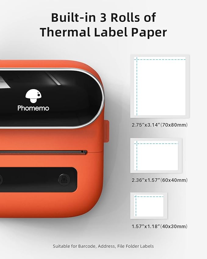 Phomemo M220 Label Maker Orange & 1 Roll Transparent Thermal Label 1.96"x1.18"(50x30mm), Upgrade 3 Inch Barcode Portable Printer, for Office & Small Business, Compatible with Phones&PC