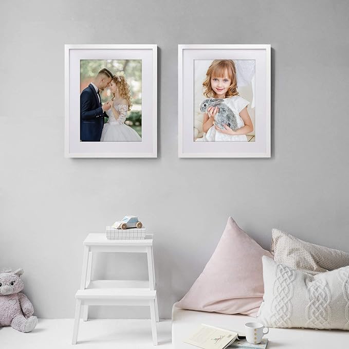 Egofine 16x20 Solid Wood Poster Frame Matted for 11x14 and 12x16 White - Acrylic Plexiglass Front for Wall Mounting Hanging Picture Frame Vertically or Horizontally, Set of 2