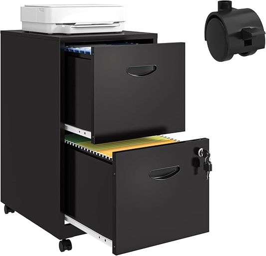 2 Drawer File Cabinet with Lock, Filing Cabinets with Wheels, Rolling File Cabinets for Home Office, Metal Office File Cabinet, for Holding Letters and File Boxes, Assembly Required, Black