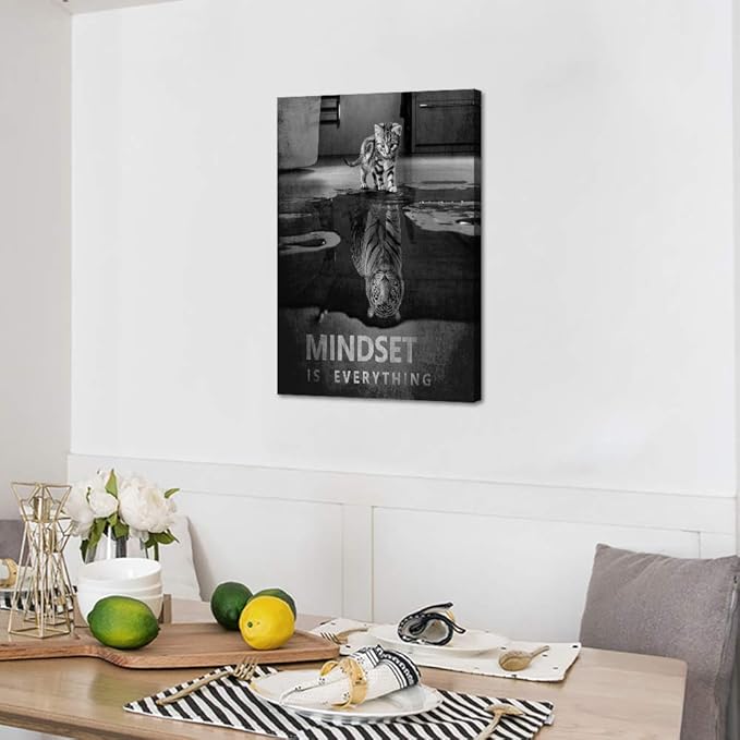 Inspirational Canvas Wall Art with Cat and Tiger Picture Motivational Quotes Mindset is Everything Canvas Painting Entrepreneur Office Wall Decor Artwork Framed Ready to Hang - 12''W x 16''H