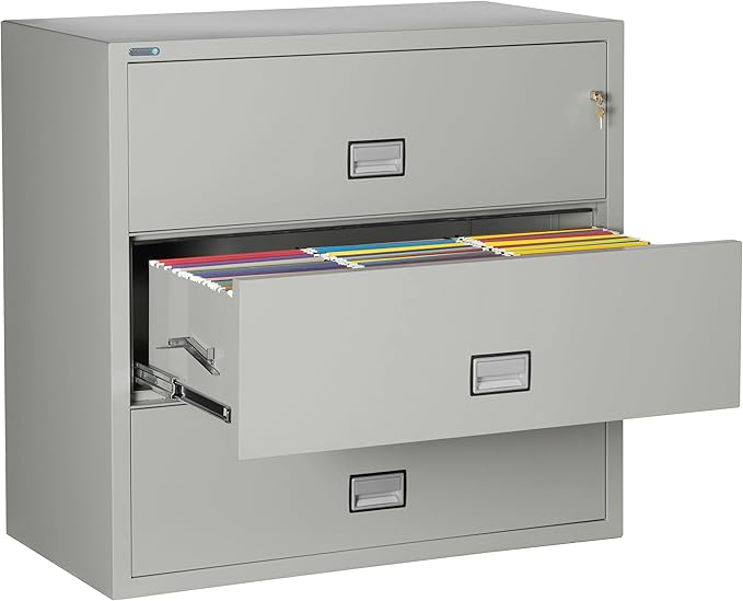 44 inch Wide 3-Drawer Lateral Fireproof File Cabinet – Legal and Letter Size Filing – Key Lock – Water Resistant – Fire Safe and Impact Rated – Light Gray Finish – Model LAT3W44LG