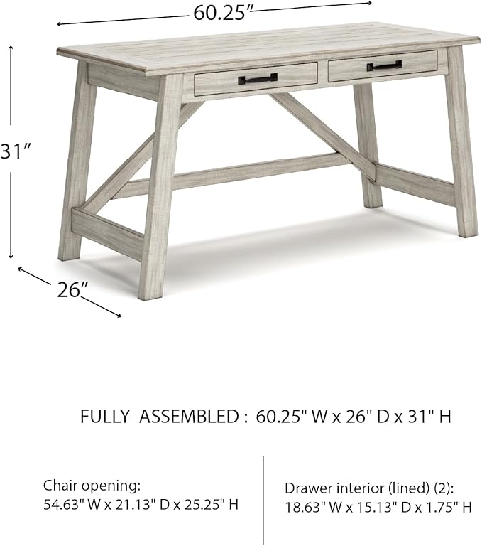 Signature Design by Ashley Carynhurst Farmhouse Large Leg Home Office Desk, 2 Storage Drawers, Vintage Bronze Hardware, Wood, 60.25" Wide, Antique White