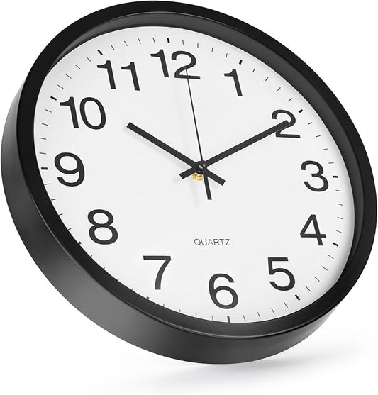 Wall Clock 12 Inch Metal Finish Silent Non Ticking Indoor Clock Round Battery Operated Stainless Steel Wall Clocks for Home, Office, Living Room (White-Black, 12 Inch)