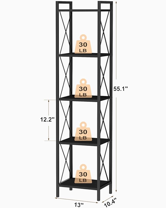 Homhedy 5 Tier Bookshelf, Tall Narrow Bookcase for Small Space, Metal Storage Book Shelf, for Home Office, Living Room, Kitchen, Bedroom, Industrial Style, 10.4" D x 13" W x 55.1" H, Black