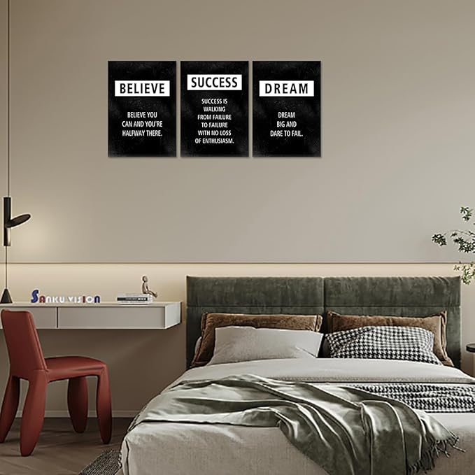 Set of 3 Inspirational Wall Art, Believe Success Dream Positive Quotes Canvas Painting Black Office Picture Artwork Motivational Wall Decor Entrepreneurs Poster for Living Room Bedroom Home, 20"x28"x3