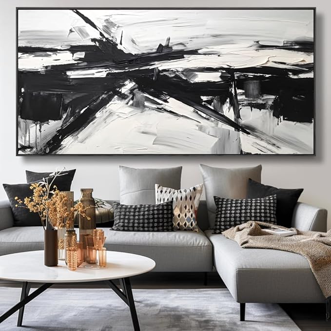 Wall Art Abstract Canvas Painting Black and White Modern Artwork for Living Room Bedroom Dining Room Home Office Decor 24"x48" with Framed