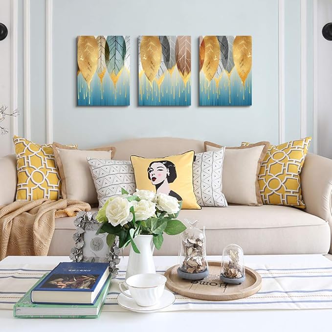 Fashion Wall Art for Living Room Family Wall Decor for Bedroom Modern Wall Decorations for Kitchen Canvas Art Golden Leaves Abstract Paintings Bathroom Hang Pictures Artwork Home Decoration 3 Pieces