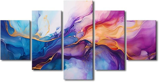 Abstract Canvas Wall Art Modern Living Room Decor for Men Creative and Color Mix Poster Prints on Canvas 5 Panel Office Wall Decor for Lady Bedroom Decoration Stretched Ready to Hang 60x32 in