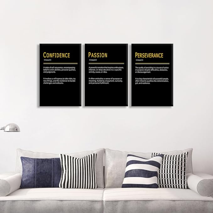 WYJDFART Motivational Wall Decor PASSION CONFIDENCE PERSEVERANCE Noun Inspirational Quotes Wall Art Printed Artwork for Office Home Bedroom Workplace Framed Ready to Hang [48''Wx 24''H]