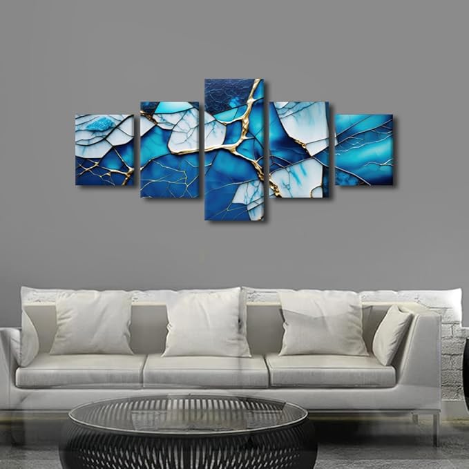 Wall Art Canvas Decor Modern Abstract Canvas Wall Art 5 Panel Home Wall Poster Ice Blue Colorful Glass Window Picture Printing for Minimalist Enthusiasts Bedroom Decor Framed Ready to Hang 50x24 in