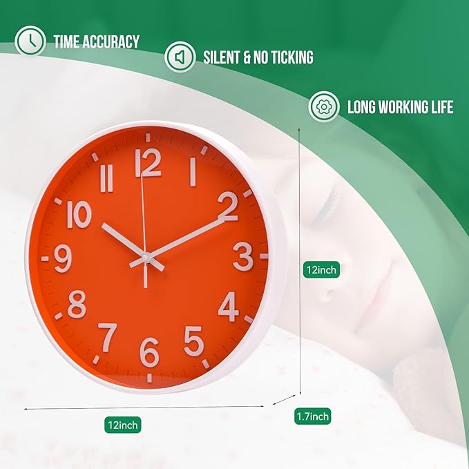 Wall Clock 12 Inch Orange Modern Simple Quartz Decorative Clock Non-Ticking Silent Battery Operated Round Wall Clocks Trendy and Practical Best Gift for Living Room Bedroom Kitchen Office