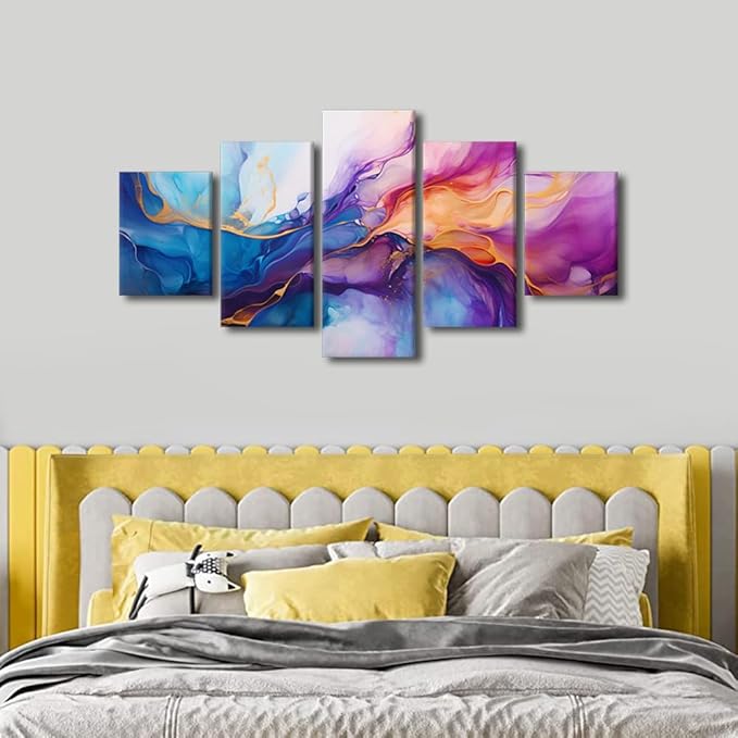 Abstract Canvas Wall Art Modern Living Room Decor for Men Creative and Color Mix Poster Prints on Canvas 5 Panel Office Wall Decor for Lady Bedroom Decoration Stretched Ready to Hang 60x32 in