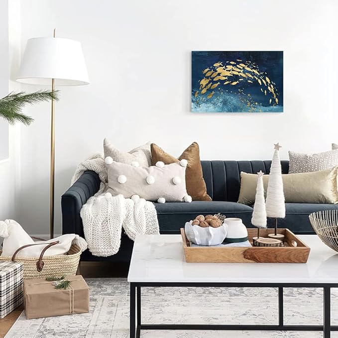 Wall Art Canvas Abstract Ocean Art Paintings Golden Fish Dancing in Blue Sea Modern Artwork Decor for Living Room Bedroom Kitchen 24x16in