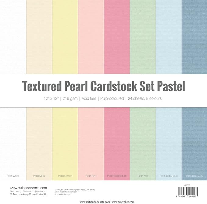 Craftelier - Cardstock Set Pearlescent Pastel Texture | Pack of 24 Double Sided Cardstock for Card Making, Scrapbooking and Craft Projects | Weight 216 grams | Size 30,48 x 30,48 cm (12" x 12")