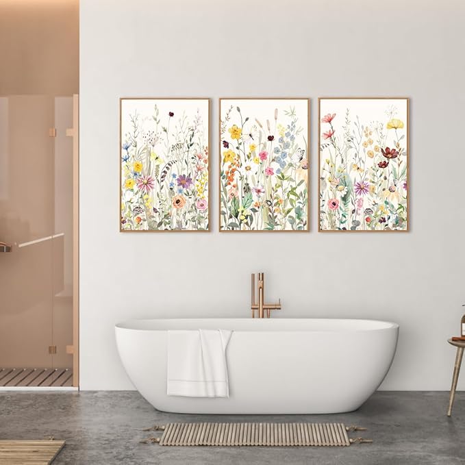 BINCUE Floral Wall Art Colorful Wildflower Wall Decor Boho Flowers Wall Paintings Flower Artwork Framed Floral Artprints for Living Room Bedroom Farmhouse Home Decor 16x24 Inches Set of 3